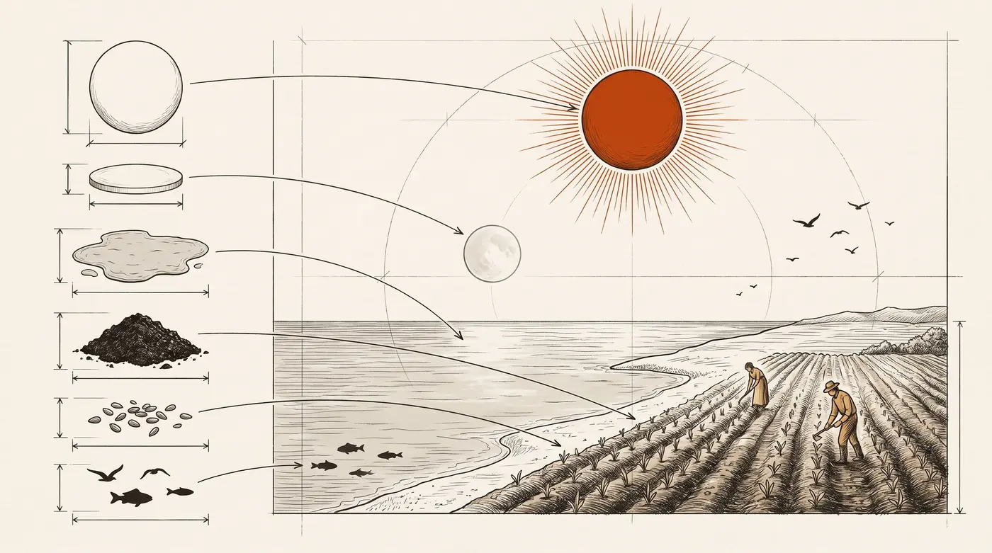 Drafting-style illustration: an inventory of raw parts on the left, each connected by a measured leader line to its function in a landscape on the right, illustrating creation as assigning purpose rather than making material