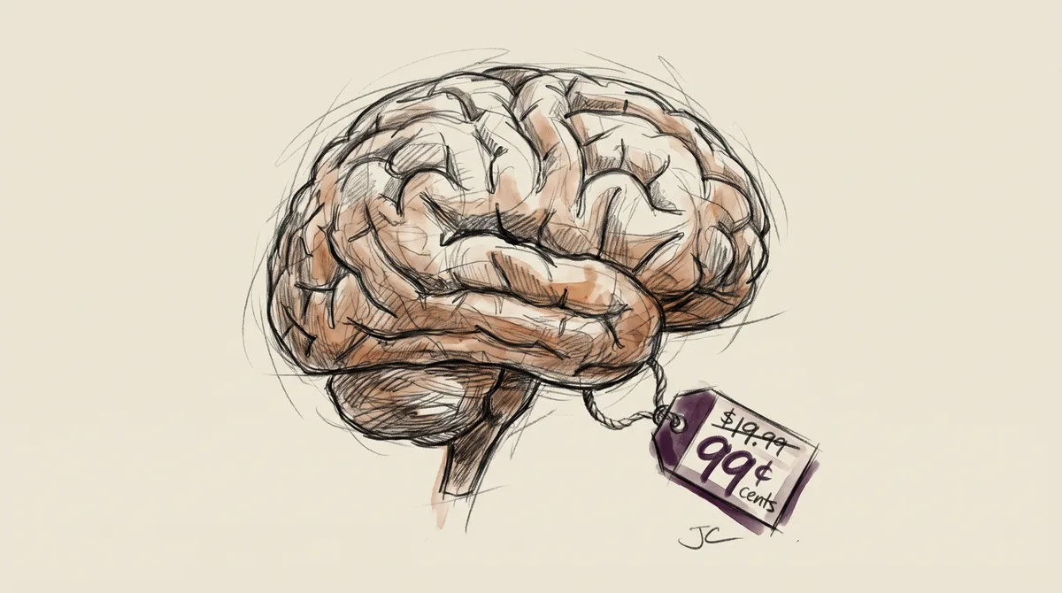 Charcoal sketch of a human brain wearing a 99¢ clearance price tag, illustrating low-priced thinking
