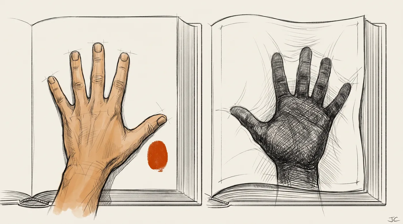 Charcoal record-plate drawing of two open books: one hand resting openly on the left page with a signal-orange thumbprint, another hand pressing up unseen from beneath the right page