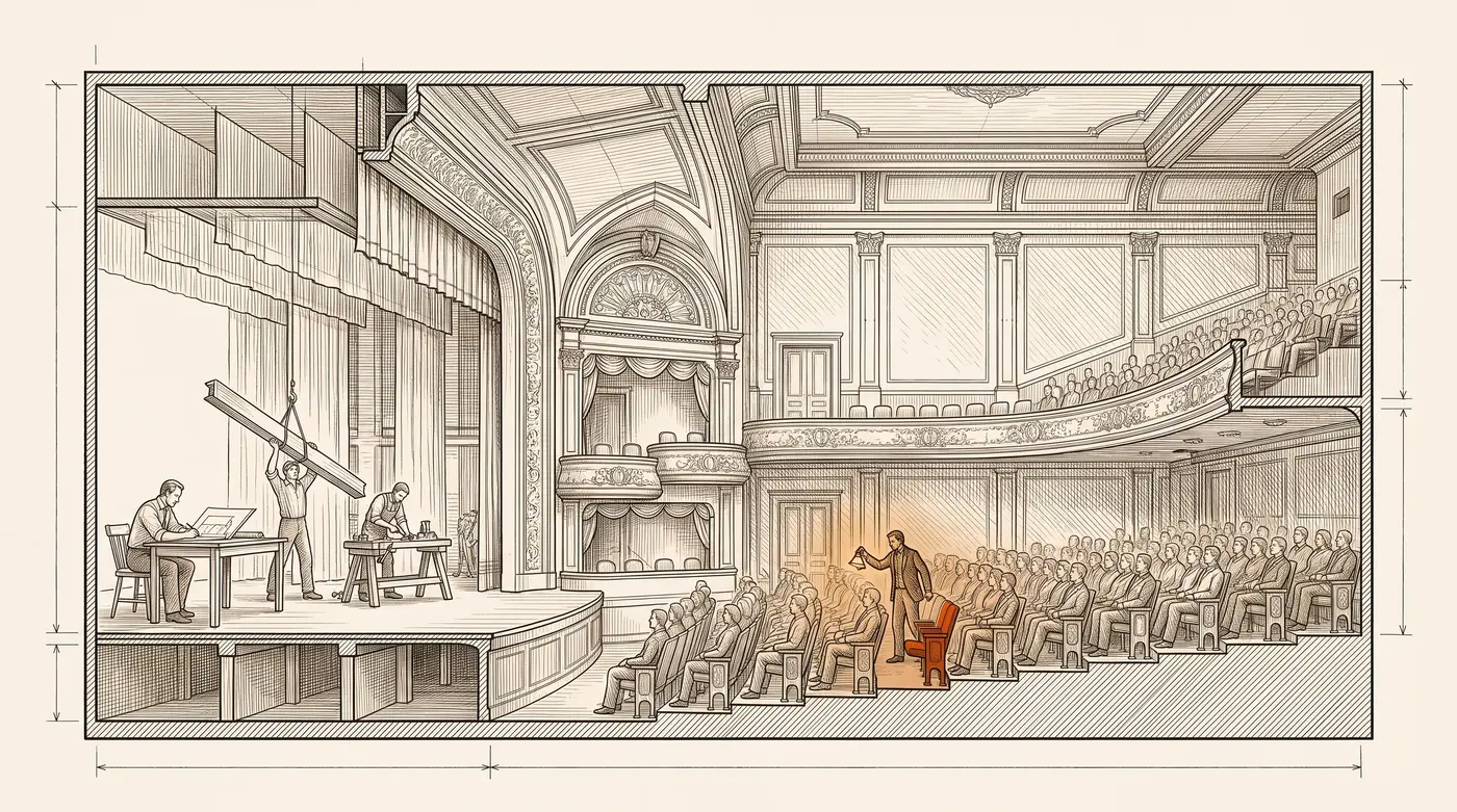 Architectural section drawing of a theater: three figures at work on stage, rows of identical seated spectators, and one spectator standing up to leave an empty seat, illustrating The Assumption