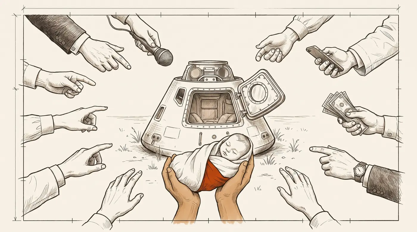 Architectural record-plate drawing of many hands reaching toward an infant in a landed capsule cradle, one calm pair holding the child, illustrating who is raising AI